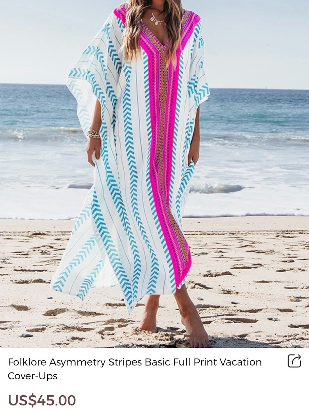 Striped White Swim Cover-Up with Turquoise Chevron and Pink Trim